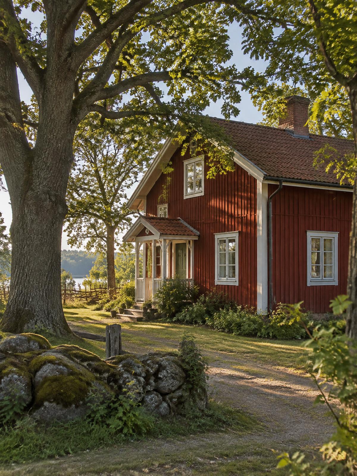 The red timber farmhouse at Stora Hasta in late afternoon light